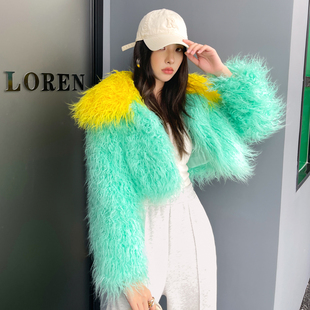 2025秋冬新款小众毛毛蓝色皮草外套仿滩羊毛长毛翻领绿色短款上衣