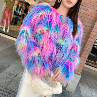 秋冬新款小众梦幻紫色毛毛皮草外套女仿滩羊毛长毛毛短款彩色