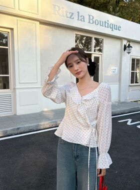 韩版早春文艺韩国东大门新款复古波点修身长袖荷叶领绑带收腰衬衫