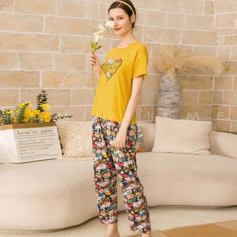 富妮来2022春夏女款长裤弹力棉简约圆领印花家居服睡衣f-a6797