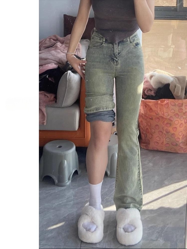 浅色大码弹力微喇叭牛仔裤长裤