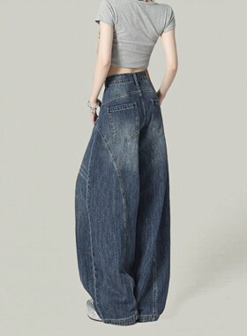 高端复古水洗蓝色牛仔裤女2026年春季新款弯刀直筒宽松拖地阔腿裤