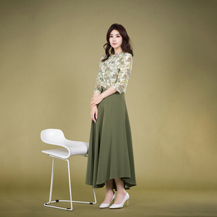 white collar宫廷绿花真丝中式立领领口盘扣六分袖衬衫TS0FA201