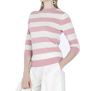 白领静谧蓝粉色条纹粗纺羊绒小立领长袖套衫 E-CC18-202