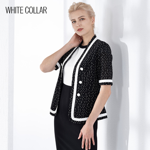 上衣TD22 白领女士黑白点拼白边爬领双排白扣挂勾短袖 601