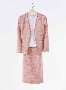 white collar小香风桔色粗纺流苏后开叉中裙OL-JUCF23-181