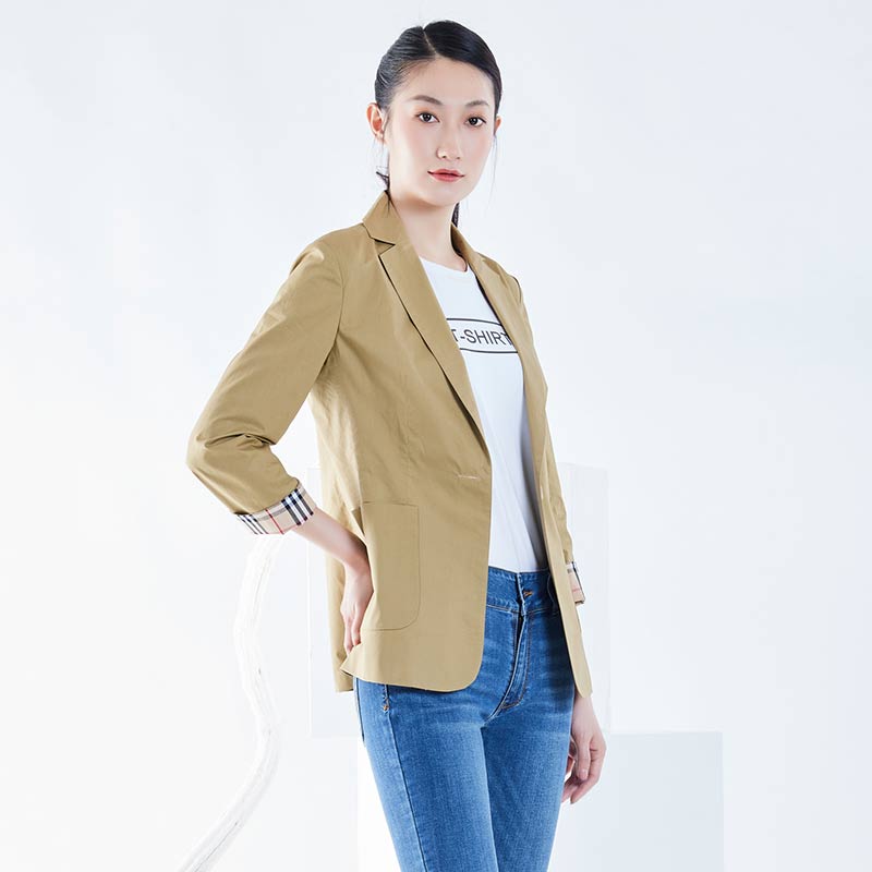 白领驼色棉西服一粒扣长袖上衣