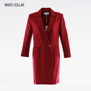 white collar暗红可裁剪西服领暗双排扣贴兜大外套AHKCAIJ19-811