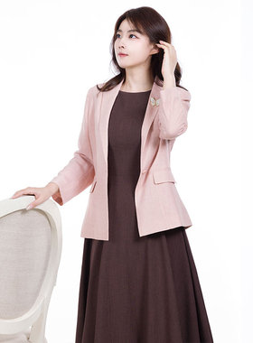 white collar粉色薄醋酸西服领一粒扣八分袖上衣BCUS0FA601