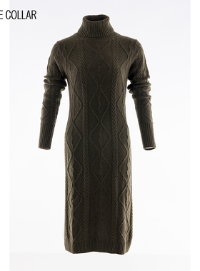 white collar橄榄绿羊绒高翻领绞花长袖针织连衣裙CC19-302
