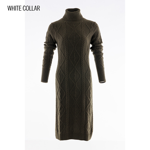 302 针织连衣裙CC19 white collar橄榄绿羊绒高翻领绞花长袖