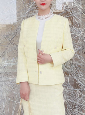 white collar黄色格圆V领小香风九分袖上衣OL-HUANGG23-601