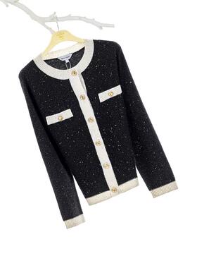 white collar黑色白边纯羊绒圆领金扣小香风长袖开衫LNCC22-208