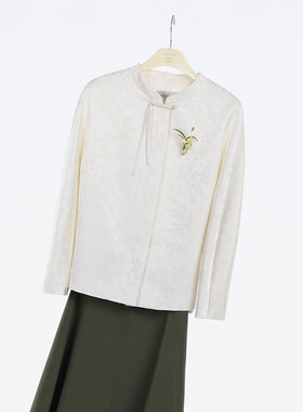 white collar白色提花中式立领盘扣暗门襟插肩袖上衣BAITH05A601