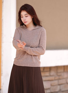 white collar白色混驼羊毛带帽长袖针织套衫OL-WOO05N202