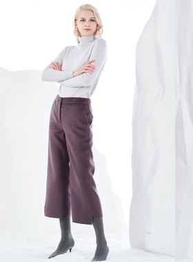 白领深棕色羊毛双面宽腿不对称裤角九分裤  GNBJ21-LOV-2