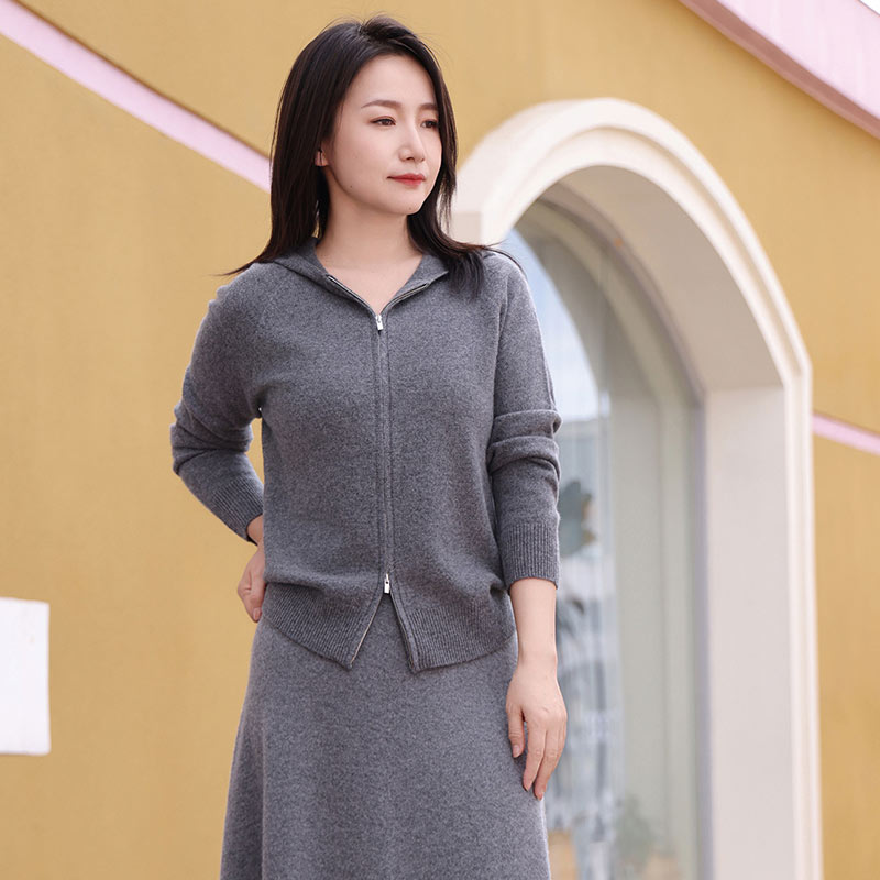 white collar混灰羊毛带帽拉链针织开衫E-WOO05N201