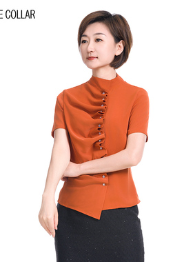 white collar砖红低领前片密扣多皱短袖衬衫CHENSH0FA210