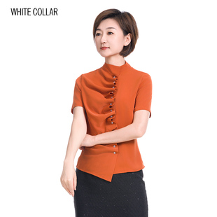 衬衫 CHENSH0FA210 collar砖红低领前片密扣多皱短袖 white