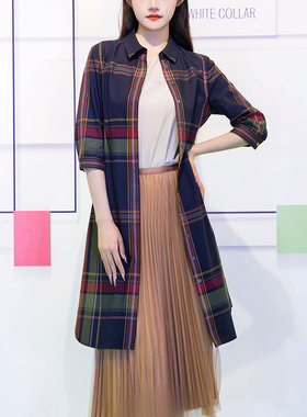 white collar蓝色彩格棉方领系带收腰七分袖连衣裙GEMIAN0FL302