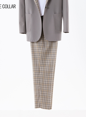 white collar大绿格裤口开叉锥型长裤E-HUILV03K1