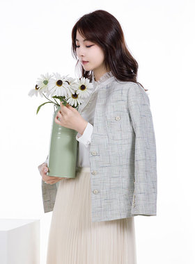 white collar混绿V领双上兜九分袖缝扣小香风上衣OL-XXF0FA603