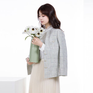 white collar混绿V领双上兜九分袖缝扣小香风上衣OL-XXF0FA603