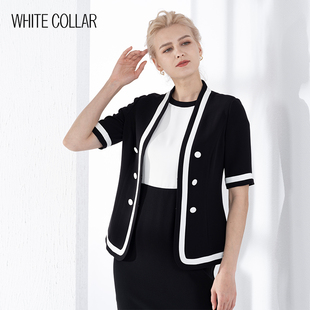 白领女装 601 黑白撞色边爬领双排白扣挂勾短袖 上衣短外套BLK22