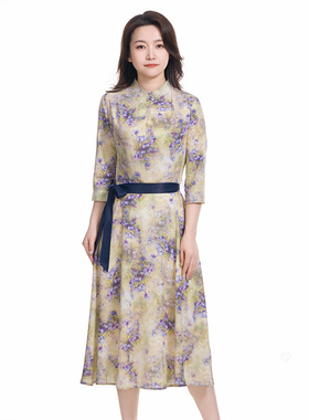 white collar弹力皱爬领七分袖系带连衣裙莫奈花园TANLZ0FL301