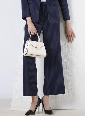 white collar深兰白细条后腰收松紧阔腿条纹通勤长裤OL-TIAOW0FK1