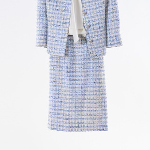 white collar兰白亮丝粗纺后开叉配皮带中裙OL-LANBL23-180