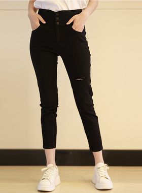 white collar黑色高腰破洞瘦腿牛仔裤JES23-2