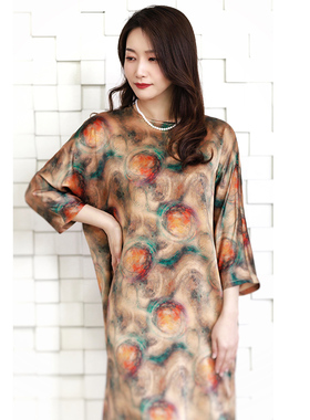 white collar彩圈弹力真丝圆领连袖宽松款七分袖连衣裙TS23-301