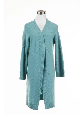 白领松石绿羊绒菱形绞花V领长袖羊绒长开衫LNCC19-280