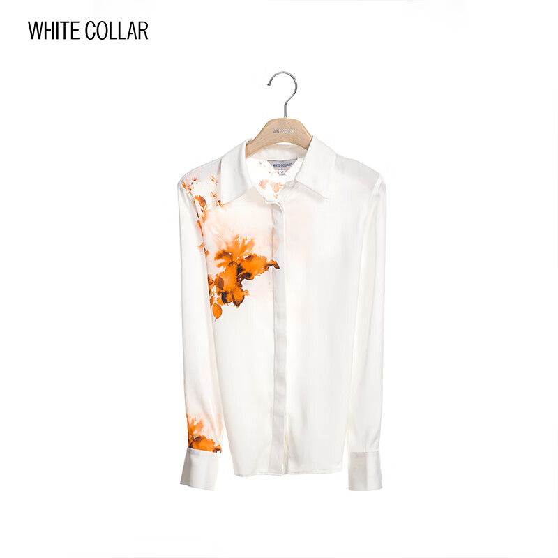 白领方领暗门襟长袖衬衫真丝