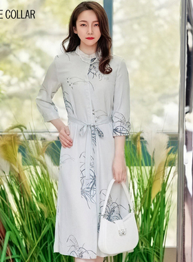 white collar写意花鸟真丝方领暗门襟开衫七分袖连衣裙GSN23-310