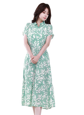 white collar绿白花真丝方领半开腰抽松紧连袖连衣裙OL-TS0FL311