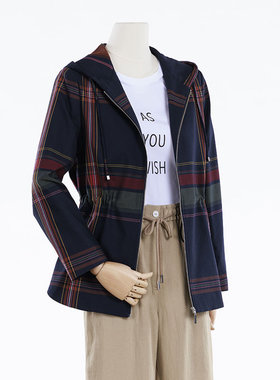 white collar蓝色彩格棉带帽拉链长袖上衣GEMIAN05A601