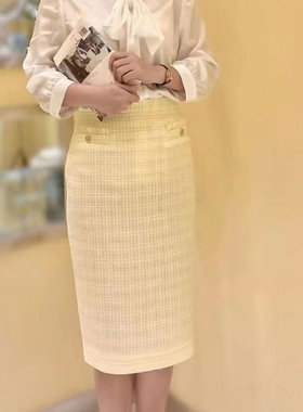 white collar黄色格后开叉配皮带中裙OL-HUANGG23-180