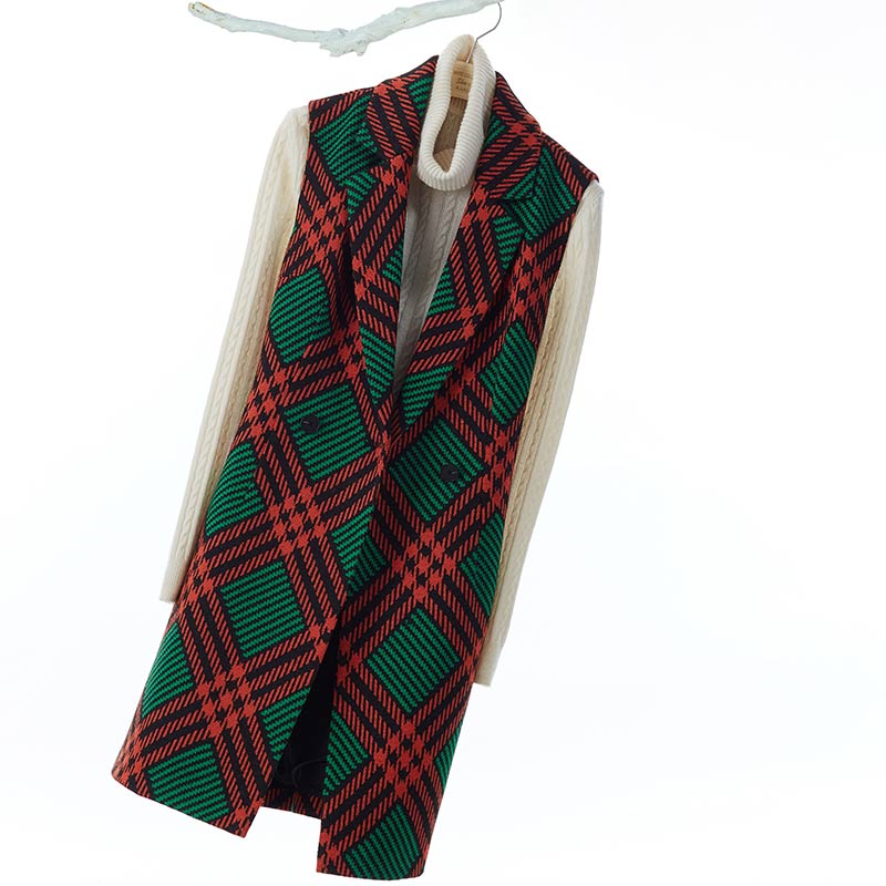 绿格西服领羊毛混纺无袖马甲