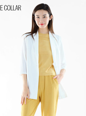 白领夏女白色黄色条纹褶西服领一粒扣中袖大外衣OL-TIAOWZ21-681