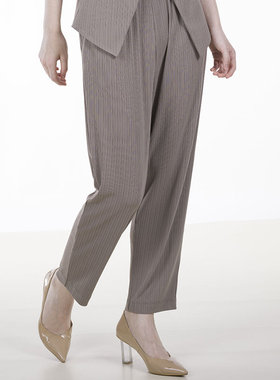 white collar奶咖新条纹褶松紧腰锥形裤NTIAOWZ0FK1