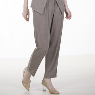 white collar奶咖新条纹褶松紧腰锥形裤NTIAOWZ0FK1
