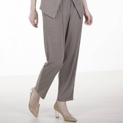 条纹褶松紧腰白领锥形裤