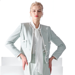 白领浅绿点小香风圆V领镶织带双小兜长袖 601 上衣QIANLD22