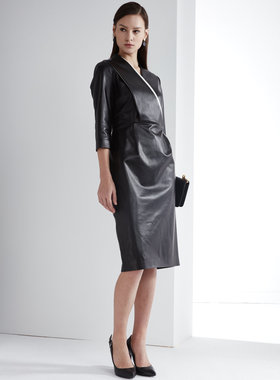 白领女装秋季黑色职业V领半围裹长袖羊皮中长款连衣裙OL-PY17-301