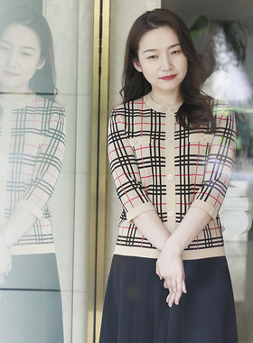 white collar女士驼黑格圆领四兜饰中袖小香风针织套衫LNZH23-220