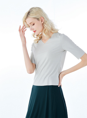 白领灰色新墨绿V领风琴褶中袖套衫 E-FENGQZ21-206