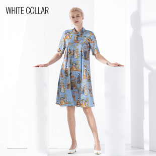 白领女装新款兰宫廷麻纱立翻领短袖宽松A摆连衣裙LGONGTMA22-301