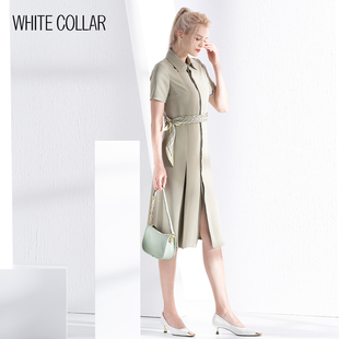 白领女装浅绿麻纱方领暗门襟开衫式系带短袖连衣裙  MASHA22-303